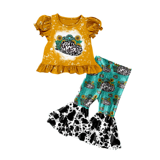 ( Moq 5 ) Preorder Baby Girls Kids Orange Shirt Western Turquoises Sunflower Bell Pants Set