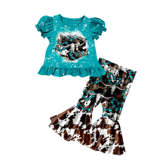 ( Moq 5 ) Preorder Baby Girls Kids Short Sleeves Shirt Western Turquoises Cow Bell Pants Set