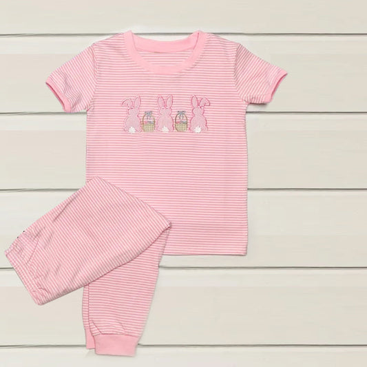 ( Moq 5 ) Preorder Baby Girls Kids Rabbits Eggs Shirt Pink Stripes Pants Easter Pajamas Clothes Set