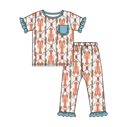 ( Moq 5 ) Preorder Girls Kids Short Sleeves Crawfish Shirt Pants Pajamas Set