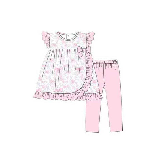 ( Moq 5 ) Preorder Baby Girls Short Sleeves Bows Flower Ruffle Tops Pink Pants Clothes Set