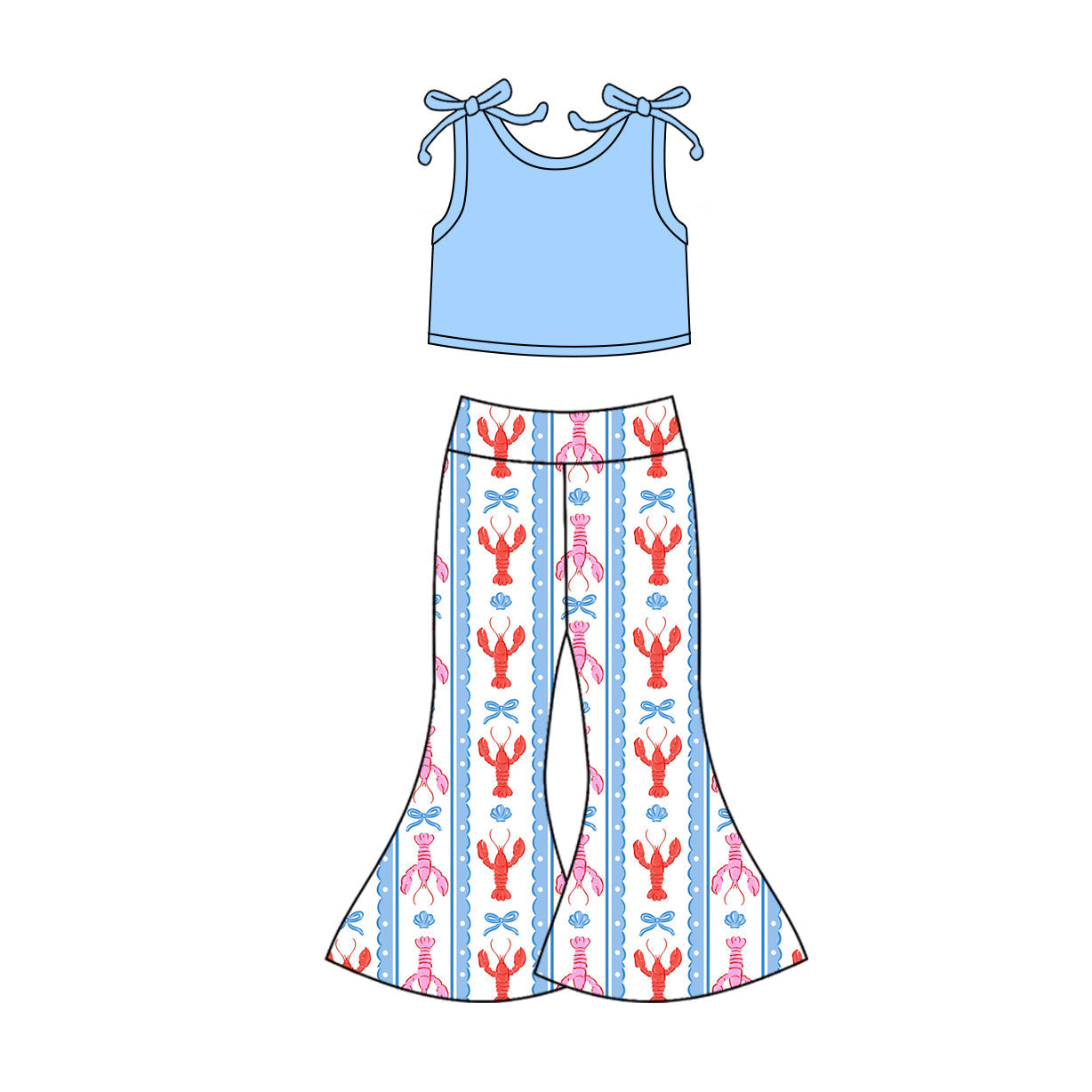 ( Moq 5 ) Prorder Baby Girls Sleeveless Blue Tops Bows Crawfish Bell Pants Clothes Set