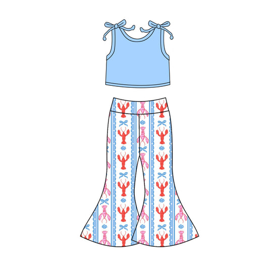 ( Moq 5 ) Prorder Baby Girls Sleeveless Blue Tops Bows Crawfish Bell Pants Clothes Set