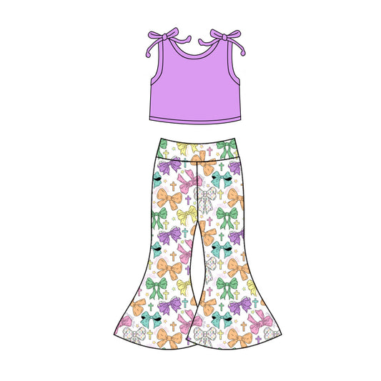 ( Moq 5 ) Prorder Baby Girls Purple Tops Bows Cross Bell Pants Easter Clothes Set
