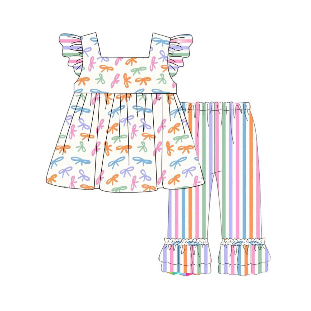 (Moq 5 ) Preorder Baby Girls Short Sleeves Bows Tunic Stripes Ruffle Pants Clothes Set