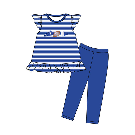 ( Moq 5 ) Preorder Baby Girls Short Sleeves Stripes Football Tunic Blue Legging Pants Clothes Set