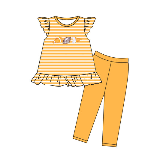 ( Moq 5 ) Preorder Baby Girls Short Sleeves Stripes Football Tunic Yellow Legging Pants Clothes Set