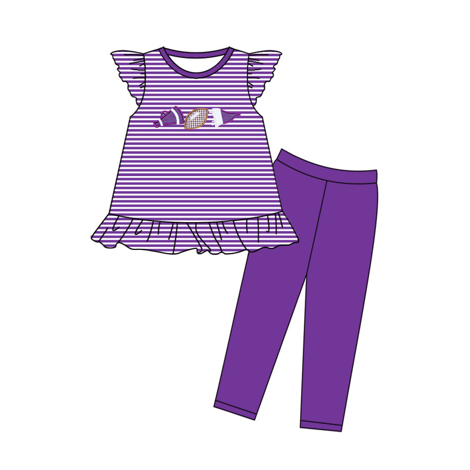 ( Moq 5 ) Preorder Baby Girls Short Sleeves Stripes Football Tunic Purple Legging Pants Clothes Set