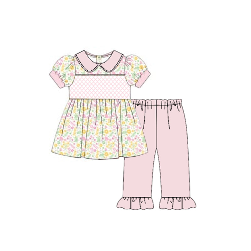 ( Moq 5 ) Preorder Baby Girls Short Sleeves Floral Tunic Pink Ruffle Pants Clothes Set
