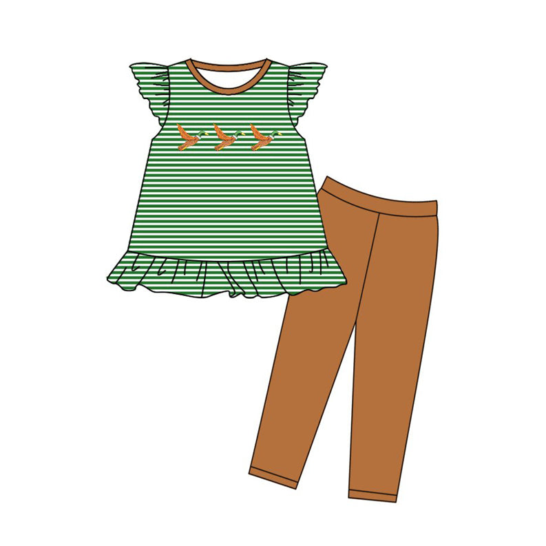 ( Moq 5 ) Preorder Baby Girls Short Sleeves Ducks Green Stripes Tunic Leggings Clothes Set
