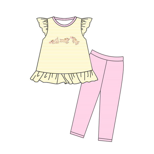 ( Moq 5 ) Preorder Baby Girls Short Sleeves Dogs Stripes Tunic Pink Leggings Clothes Set
