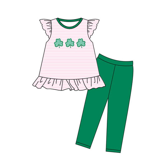 ( Moq 5 ) Preorder Baby Girls Clovers Stripes Tunic Green Leggings St Patrick Clothes Set