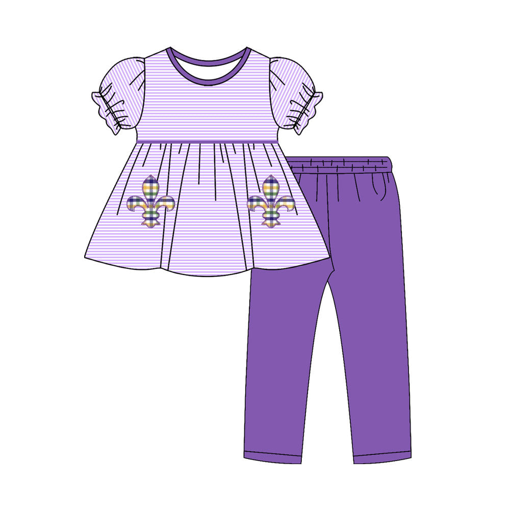 ( Moq 5 ) Preorder Baby Girls Anchors Stripes Tunic Purple Leggings Mardi Gras Clothes Set