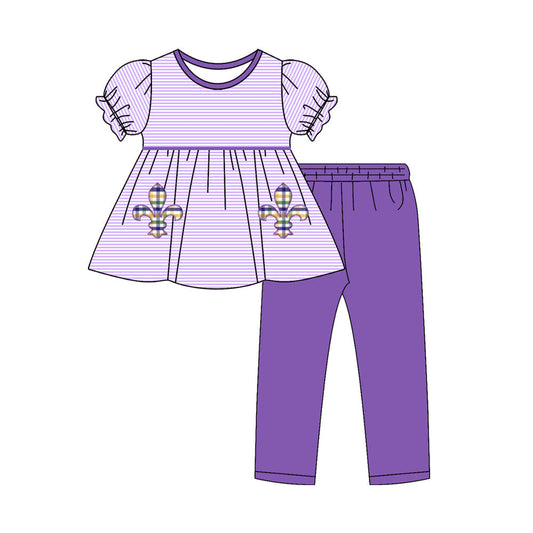 ( Moq 5 ) Preorder Baby Girls Anchors Stripes Tunic Purple Leggings Mardi Gras Clothes Set