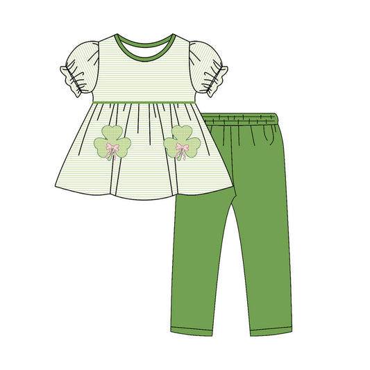 ( Moq 5 ) Preorder Baby Girls Bows Clovers Stripes Tunic Green Pants St Patrick Clothes Set