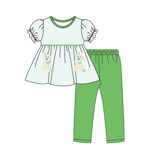( Moq 5 ) Preorder Baby Girls Dogs Clovers Stripes Tunic Green Pants St Patrick Clothes Set