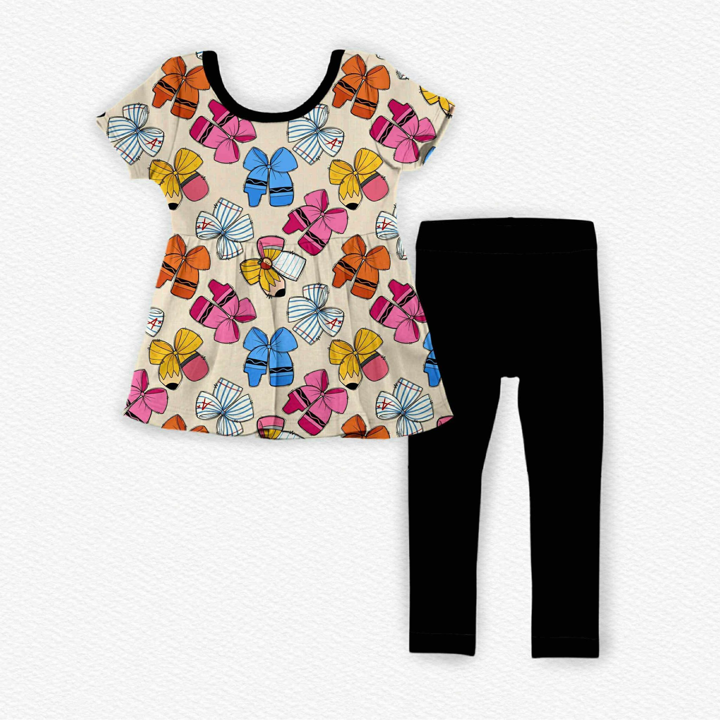 ( Moq 5 ) Preorder Baby Girls Pencil Bows Tunic Black Leggings Back To School Clothes Set
