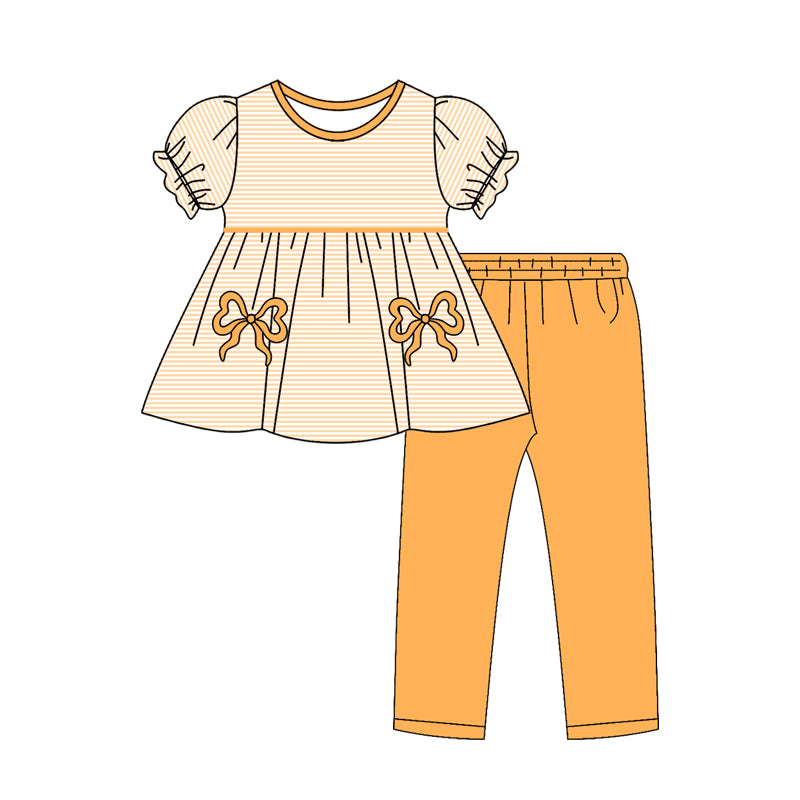 ( Moq 5 ) Preorder Baby Girls Short Sleeves Stripes Bows Tunic Orange Leggings Clothes Set