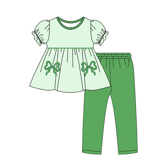 ( Moq 5 ) Preorder Baby Girls Short Sleeves Stripes Bows Tunic Green Leggings Clothes Set