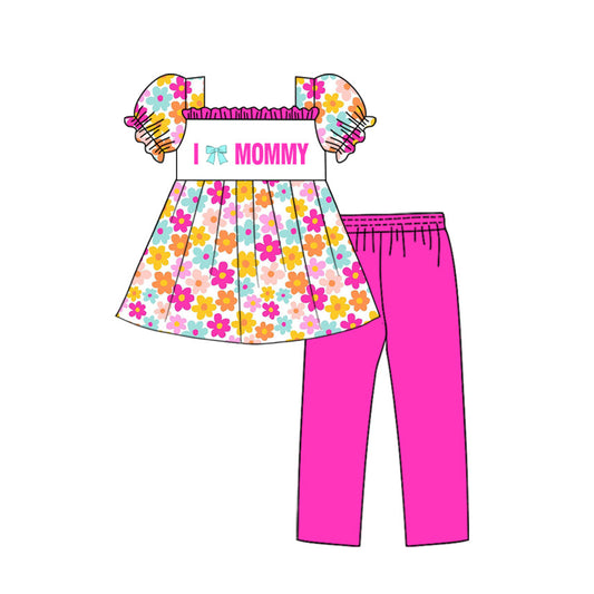 ( Moq 5 ) Preorder Baby Girls Short Sleeves I Love Mommy Flower Tunic Pink Leggings Set