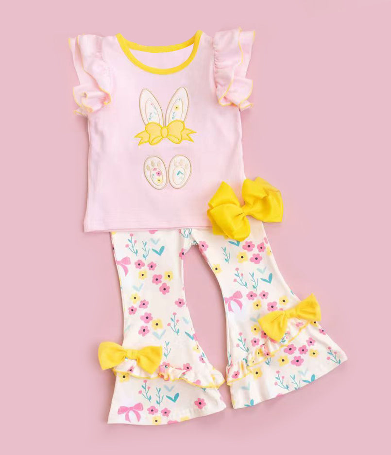 ( Moq 5 ) Preorder Baby Girls Short Sleeves Rabbit Shirt Bows Flower Bell Pants Easter Set