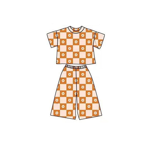 ( Moq 5 ) Preorder Baby Girls Short Sleeves Flower Checked Tops Pants Clothes Set
