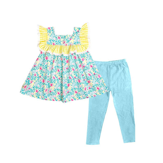 ( Moq 5 ) Preorder Baby Girls Short Sleeves Floral Ruffle Tunic Blue Leggings Clothes Set