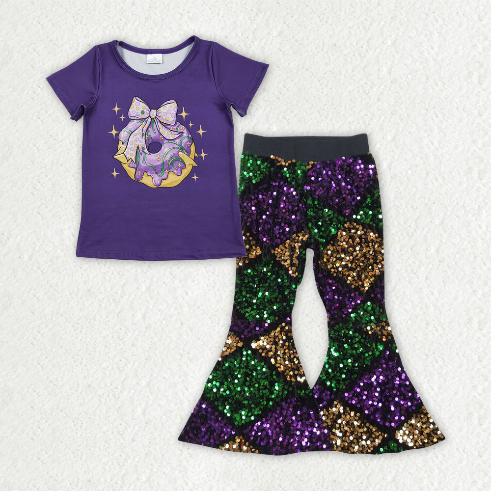 Sibling Baby Girls Short Sleeves Shirts Plaid Sequins Bell Pants Sets Mardi Gras Clothes RTS