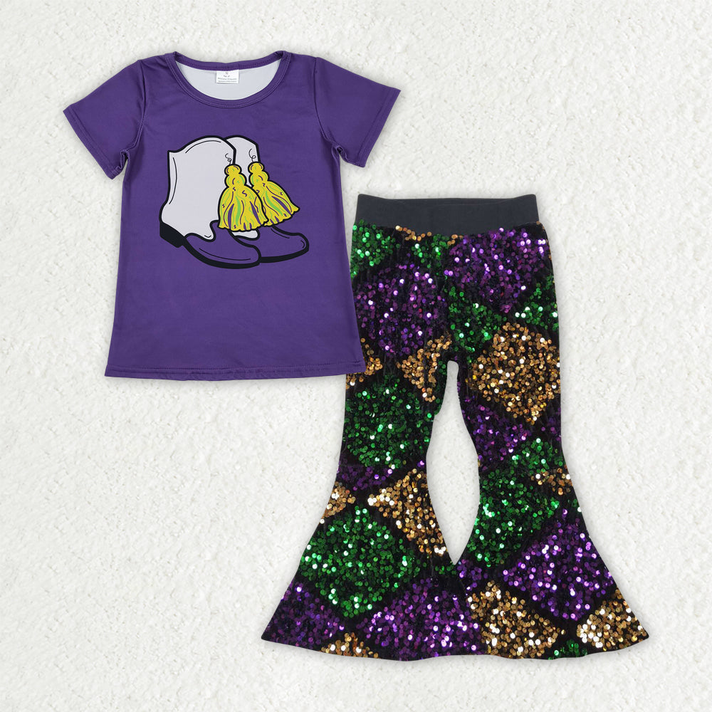 Sibling Baby Girls Short Sleeves Shirts Plaid Sequins Bell Pants Sets Mardi Gras Clothes RTS