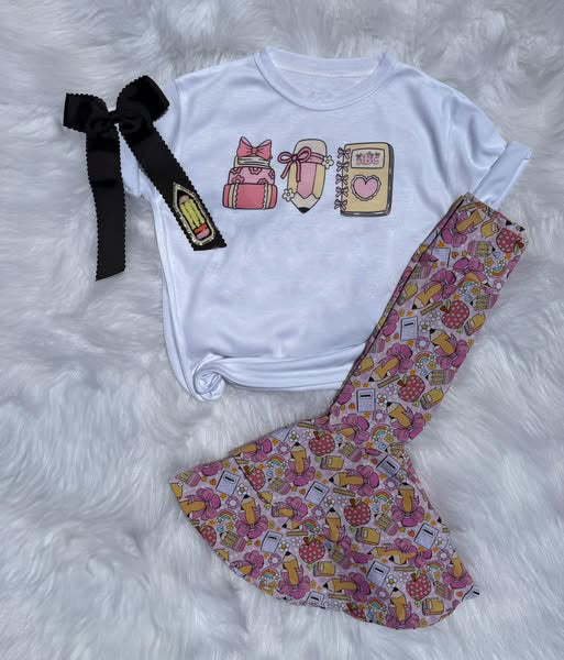 ( Moq 5 ) Preorder Baby Girls Pencil Shirt Bows Bell Pants Back to School Clothes Set