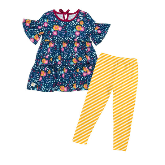 ( Moq 5 ) Preorder Baby Girls Short Sleeves Flower Tops Yellow Stripes Leggings Clothes Set