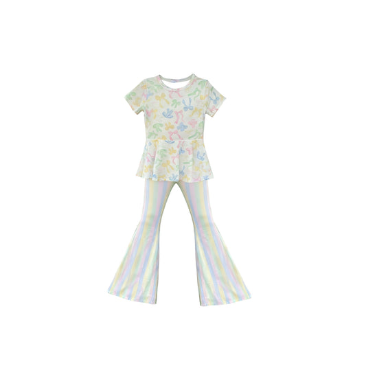 ( Moq 5 ) Preorder Baby Girls Short Sleeves Bows Tops Stripes Bell Pants Clothes Set