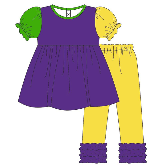 ( Moq 5 ) Preorder Baby Girls Short Sleeves Tops Ruffle Pants Mardi Gras Clothes Outfit