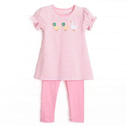 ( Moq 5 ) Preorder Baby Girls Short Sleeves Ducks Stripes Tunic Pink Leggings Clothes Set