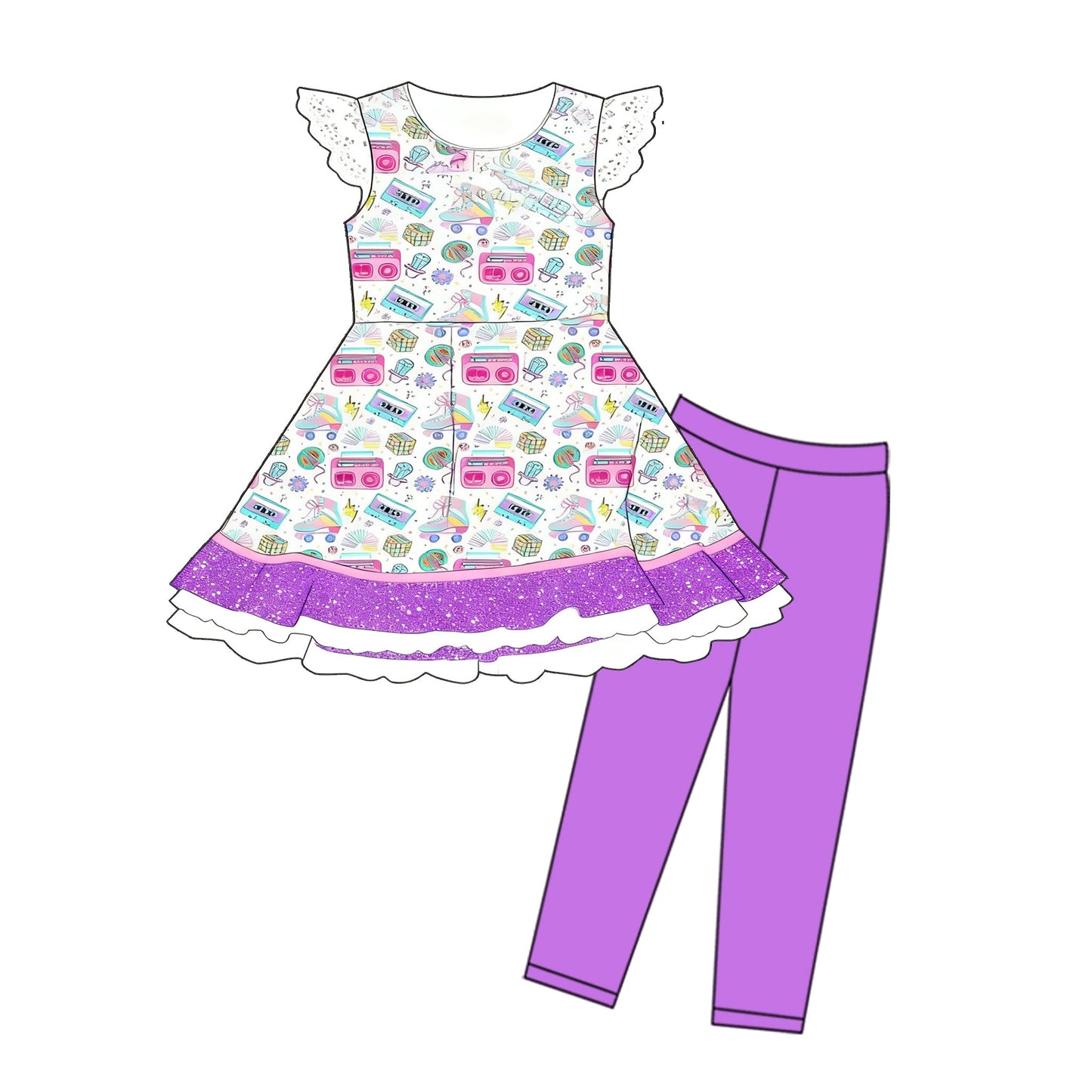 ( Moq 5 ) Preorder Baby Girls Short Sleeves Music Ruffle Tunic Purple Leggings Clothes Set