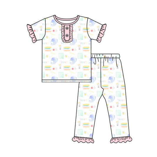 ( Moq 5 ) Preorder Baby Girls Short Sleeves Buttons Shirt Pants Pajamas Back to School Set