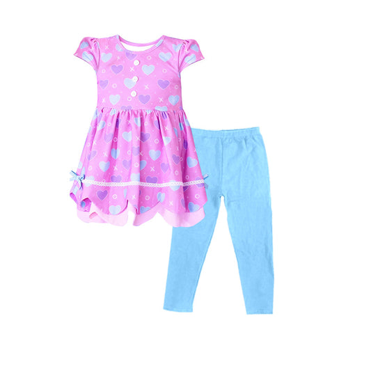 ( Moq 5 ) Preorder Baby Girls Short Sleeves Hearts Tops Blue Pants Valentine's Day Clothes Set