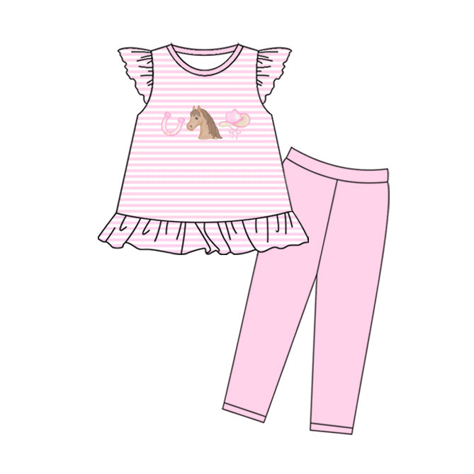 ( Moq 5 ) Preorder Baby Girls Short Sleeves Horse Stripes Tunic Pink Pants Western Clothes Set
