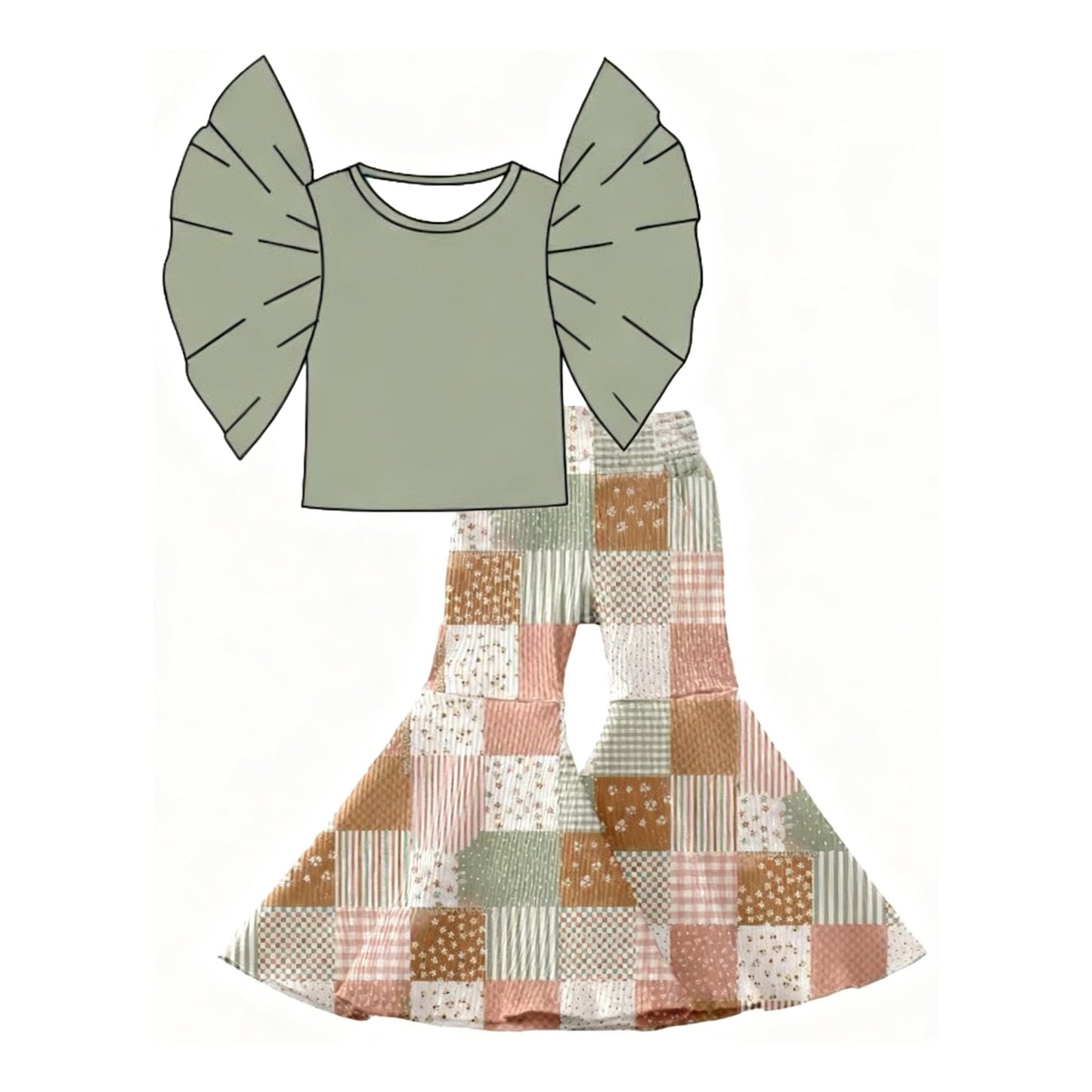 ( Moq 5 ) Preorder Baby Girls Kids Short Sleeves Green Tops Floral Plaid Bell Pants Clothes Set