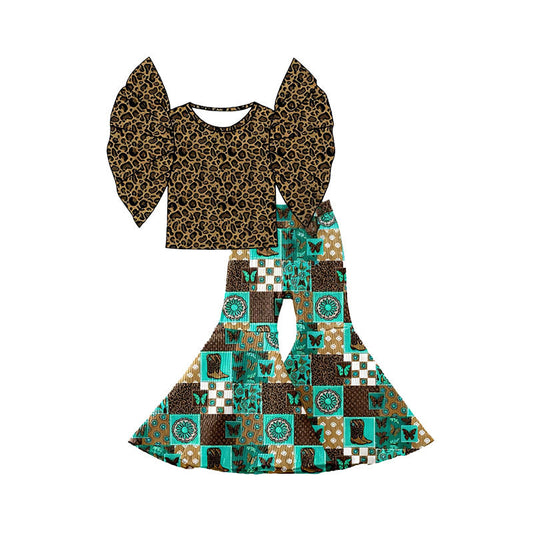 ( Moq 5 ) Preorder Baby Girls Kids Short Sleeves Leopard Tops Boots Western Pants Clothes Set