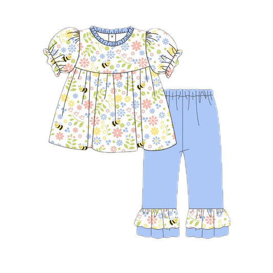 ( Moq 5 ) Preorder Baby Girls Short Sleeves Floral Bee Tunic Blue Ruffle Pants Clothes Set
