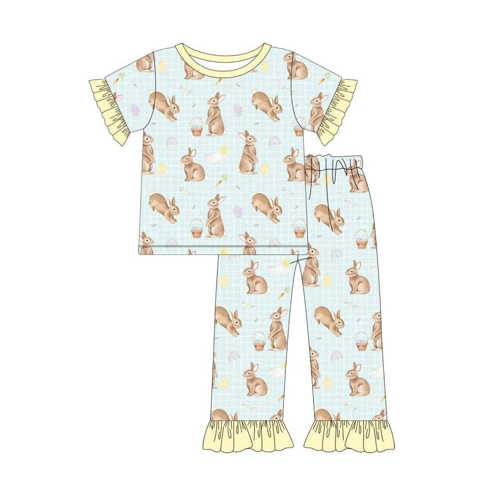 ( Moq 5 ) Preorder Baby Girls Short Sleeves Rabbits Eggs Shirt Ruffle Pants Easter Pajamas Set