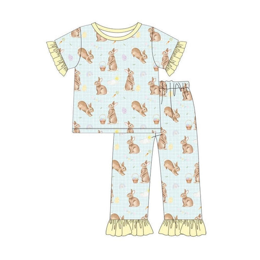 ( Moq 5 ) Preorder Baby Girls Short Sleeves Rabbits Eggs Shirt Ruffle Pants Easter Pajamas Set
