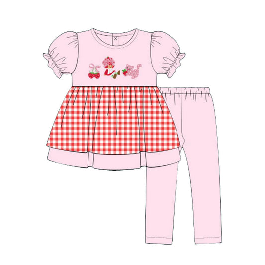 ( Moq 5 ) Preorder Baby Girls Short Sleeves Strawberry Plaid Tunic Pink Leggings Pants Clothes Set