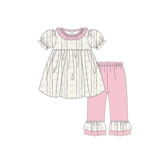 ( Moq 5 ) Preorder Baby Girls Toddler Short Sleeves Bows Tunic Pink Ruffle Pants Clothes Set