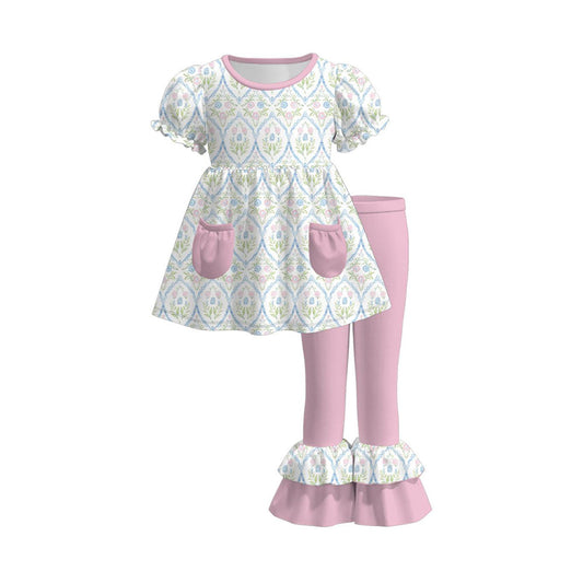 ( Moq 5 ) Preorder Baby Girls Short Sleeves Flower Pockets Tunic Ruffle Pink Pants Set