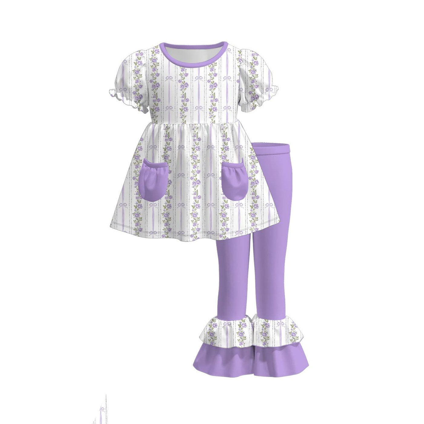 ( Moq 5 ) Preorder Baby Girls Short Sleeves Floral Bows Pockets Tunic Ruffle Lavender Pants Set