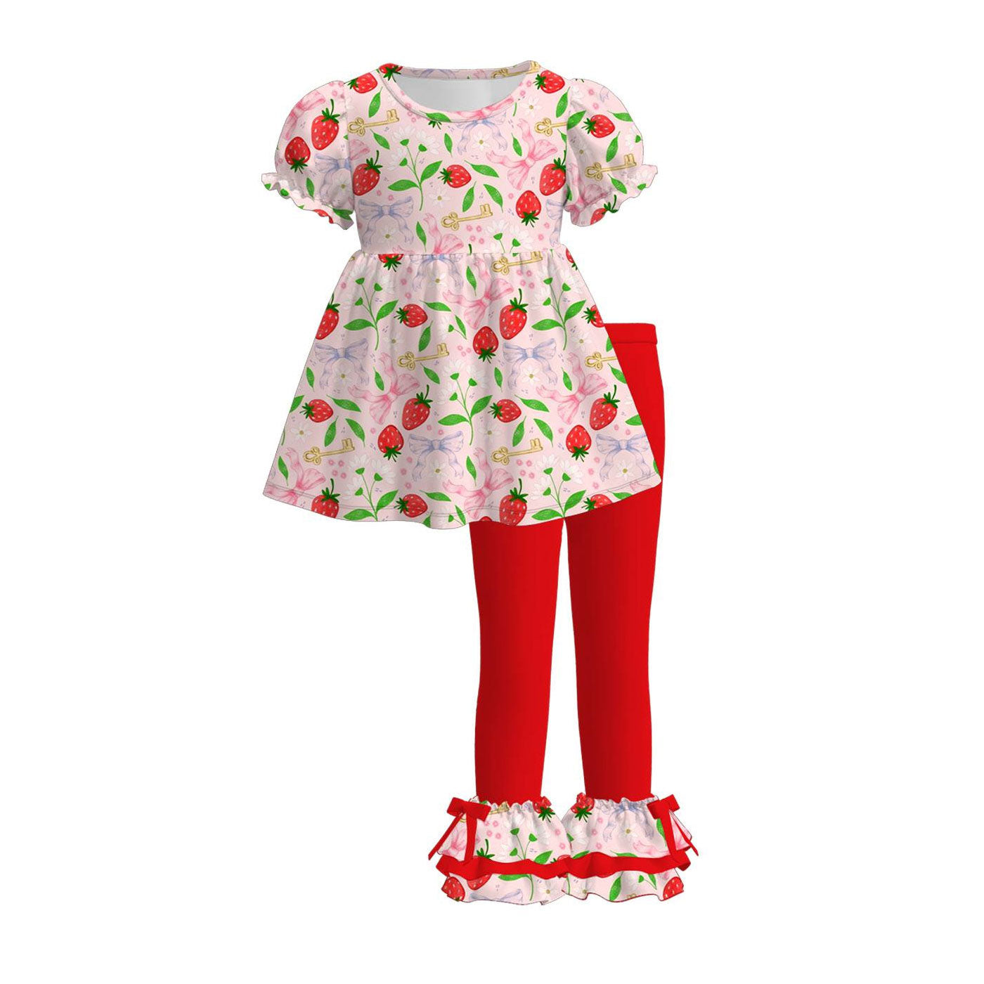 ( Moq 5 ) Preorder Baby Girls Short Sleeves Strawberry Tunic Ruffle Bows Red Pants Set