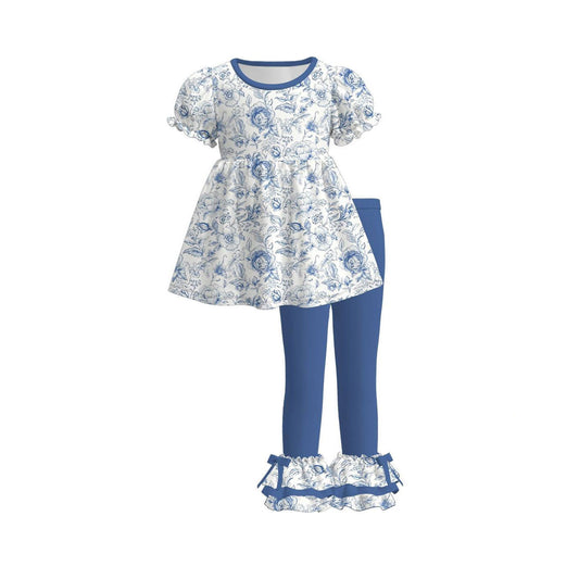( Moq 5 ) Preorder Baby Girls Short Sleeves Flower Tunic Blue Bows Ruffle Pants Set