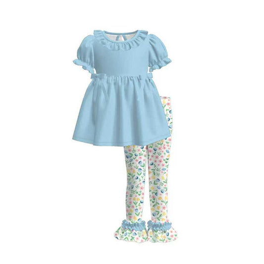 ( Moq 5 ) Preorder Baby Girls Short Sleeves Blue Bows Tunic Floral Ruffle Pants Set